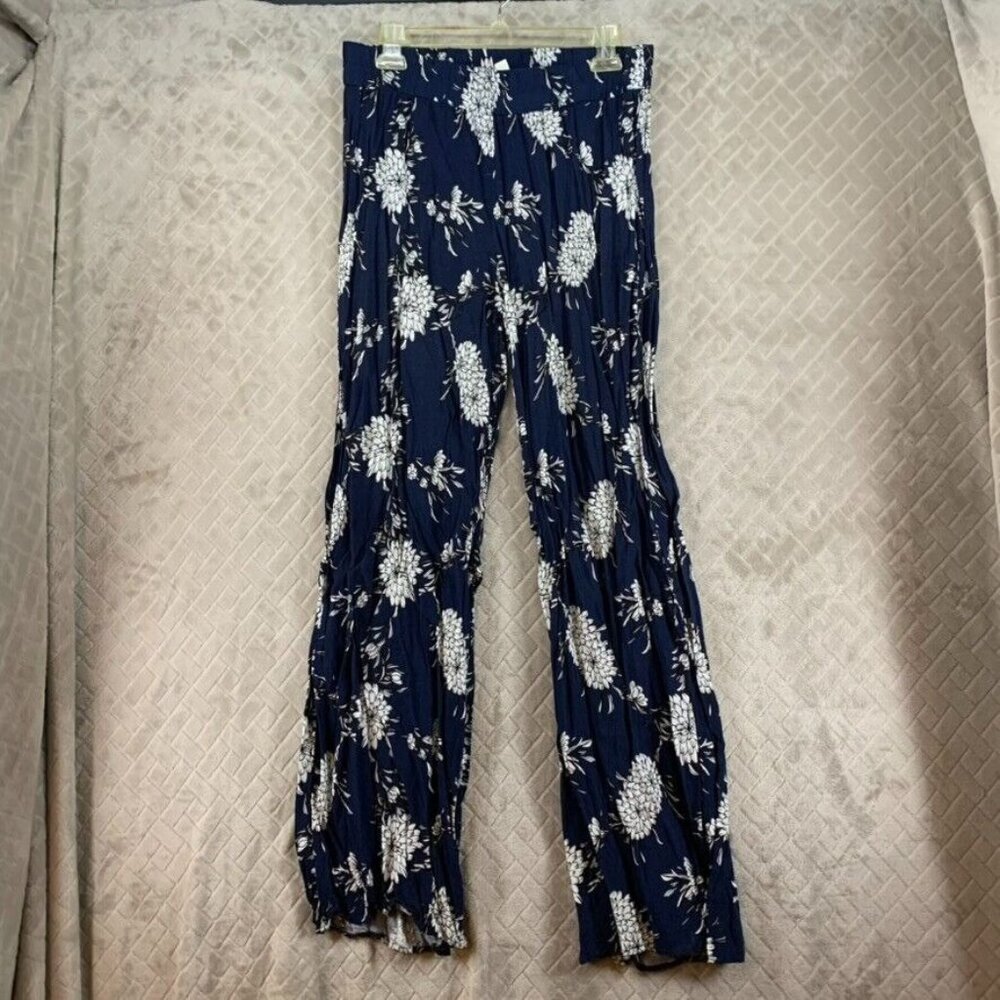 Miami Women L Pants Blue Floral Baggy Straight Leg Pull On High Rise Flowy Beach